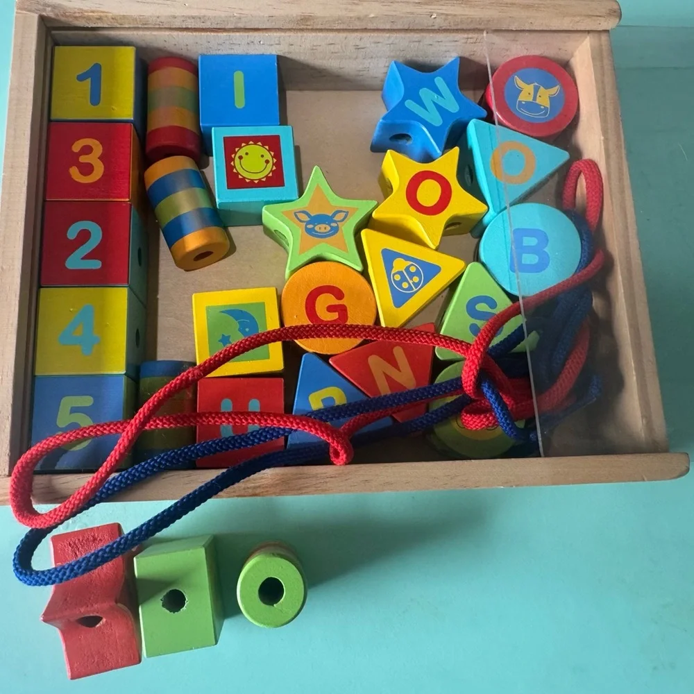 Circo Wooden Lacing Beads Alphabet Number Blocks Montessori Toy Set w/ Tray‎